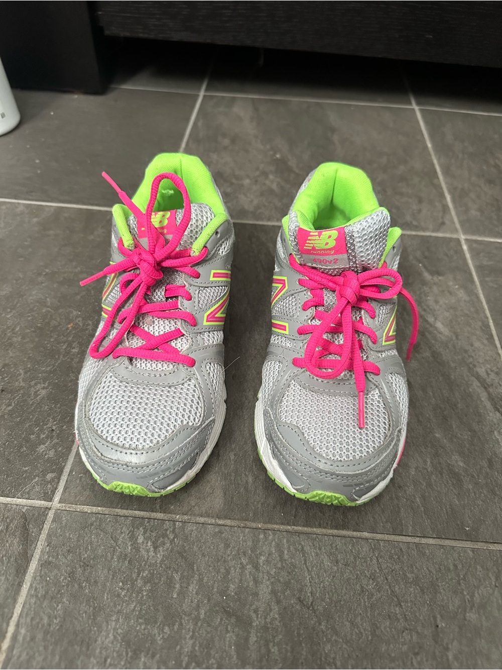 New Balance Kids Gray Sneakers with Pink Laces and Neon Green Accents